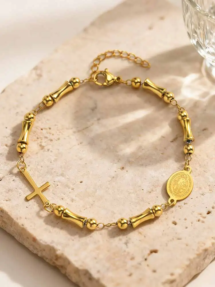 

Saint Benedict Rosary Bracelet Bamboo Bead Design 18K Gold Plated Stainless Steel Cross Adjustable Catholic Jewelry