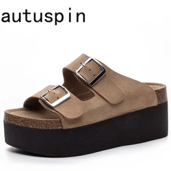 AUTUSPIN Trendy Streetlish Buckles Slippers for Women Nubuck Leather Summer Platform Shoes Ladies Comfort Fashion Slipper Woman