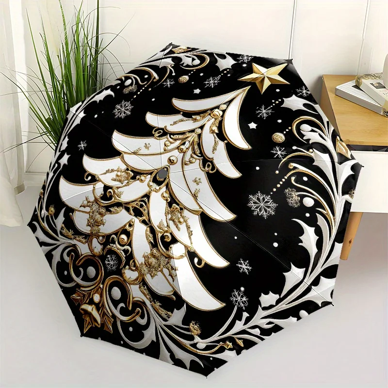 

Элегантный черно-золотой зонт-украшение для рождественской елки - компактный автоматический зонт с праздничным дизайном, складывающийся в 3 сложения.