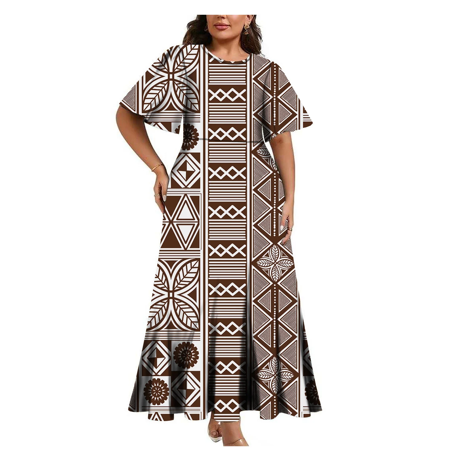 

Polynesian Design Pattern Round Neck Loose Mid-Sleeved Cinched Waist Women'S Dress Casual And Fashionable Custom-Made
