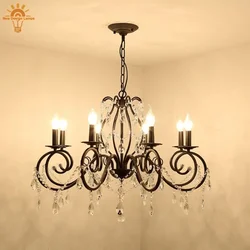 Vintage Black Candle Chandelier 6 Light Round Iron LED Pendant Lamp with Hanging Crystal for Living Room Dining Table Bedroom