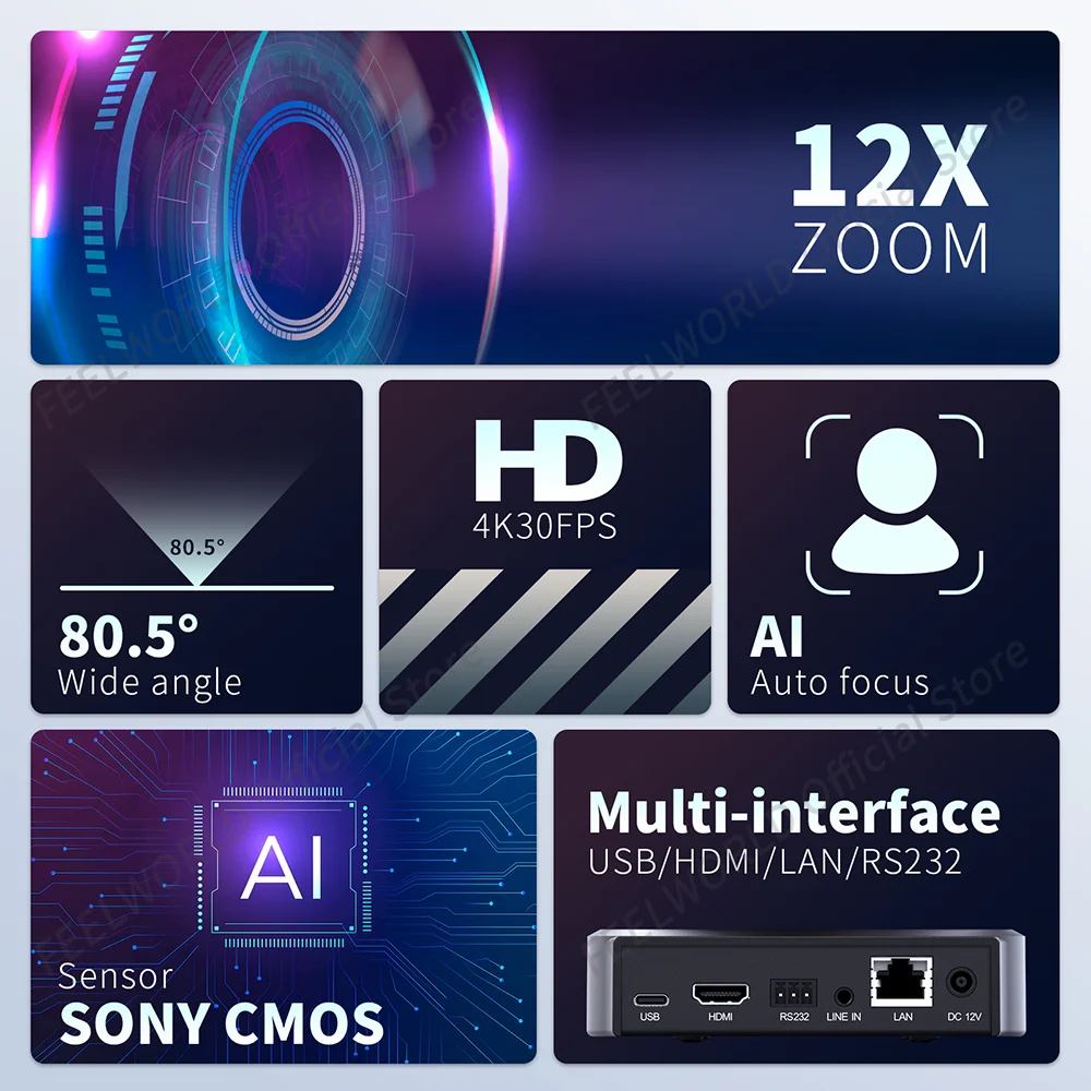 FEELWORLD-Camera PTZ per streaming live, zoom ottico 4K 12X 4K 12X, tracciamento automatico umano AI4K UHD HDMI USB IP, telecomando a basso rumore