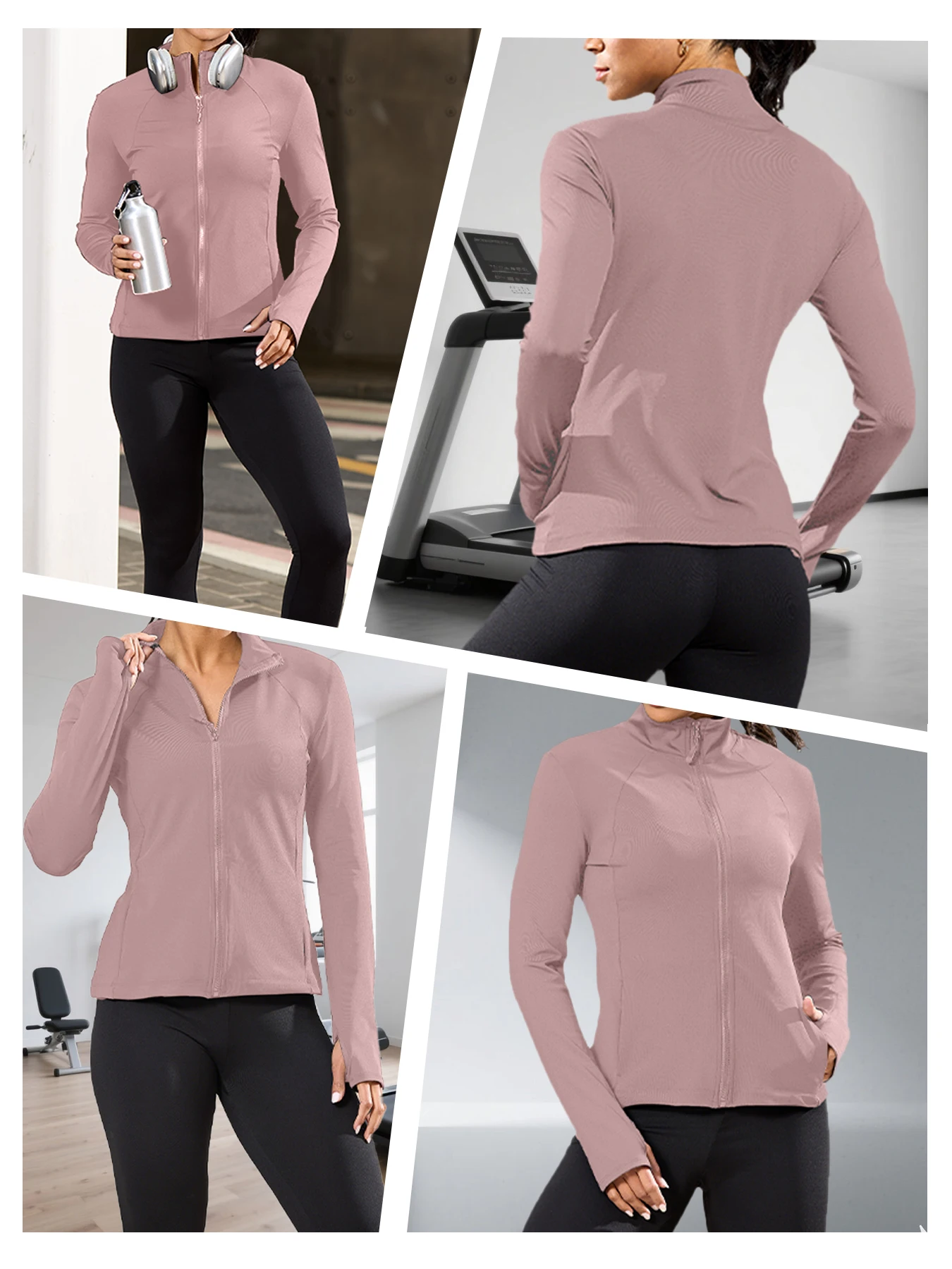 سترة اليوغا النسائية للتمرين بفتحات إبهام بسحاب كامل ومثالية للجري والمشي لمسافات طويلة والمزيد #3