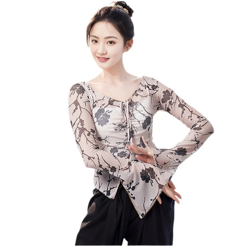 ملابس الرقص الكلاسيكي بأكمام طويلة ملابس شاش مطبوعة ملابس ممارسة الرقص الصيني العرقي ملابس الجسم