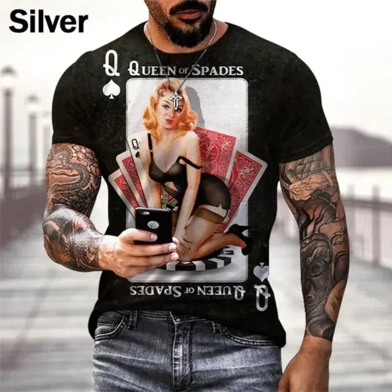 New Hot Fashion Oversized New American Retro 3D Printed T-shirt Trend Men's Clothing Poker Sexy Girls Graphic Round Neck T-shirt