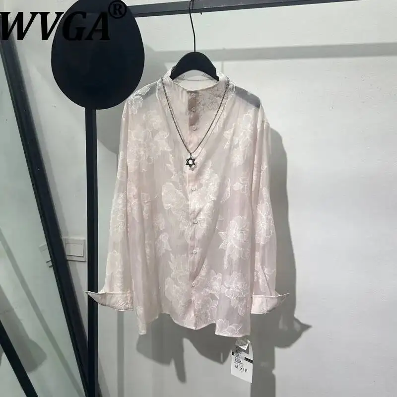 WVGA Spring Summer New Men Fashionable Design Hollow Out Printed Stand Collar Shirt Niche Chic Casual Long Sleeve Top Ins W26254