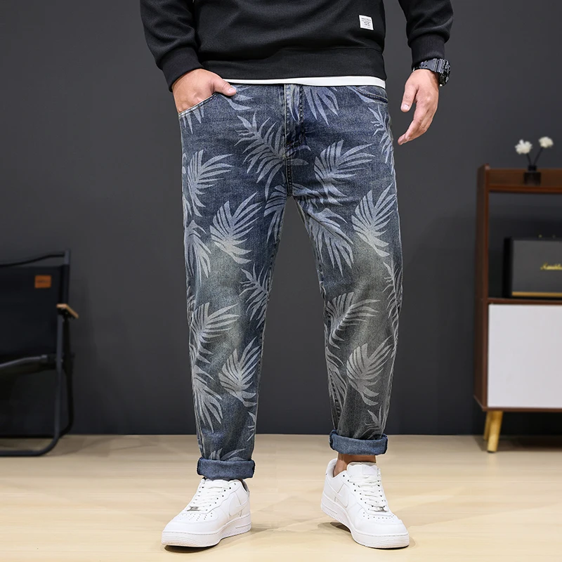 

8XL oversized jeans men's fashion leaf printed trendy casual stretch denim plus sizes loose 150kg fat pants