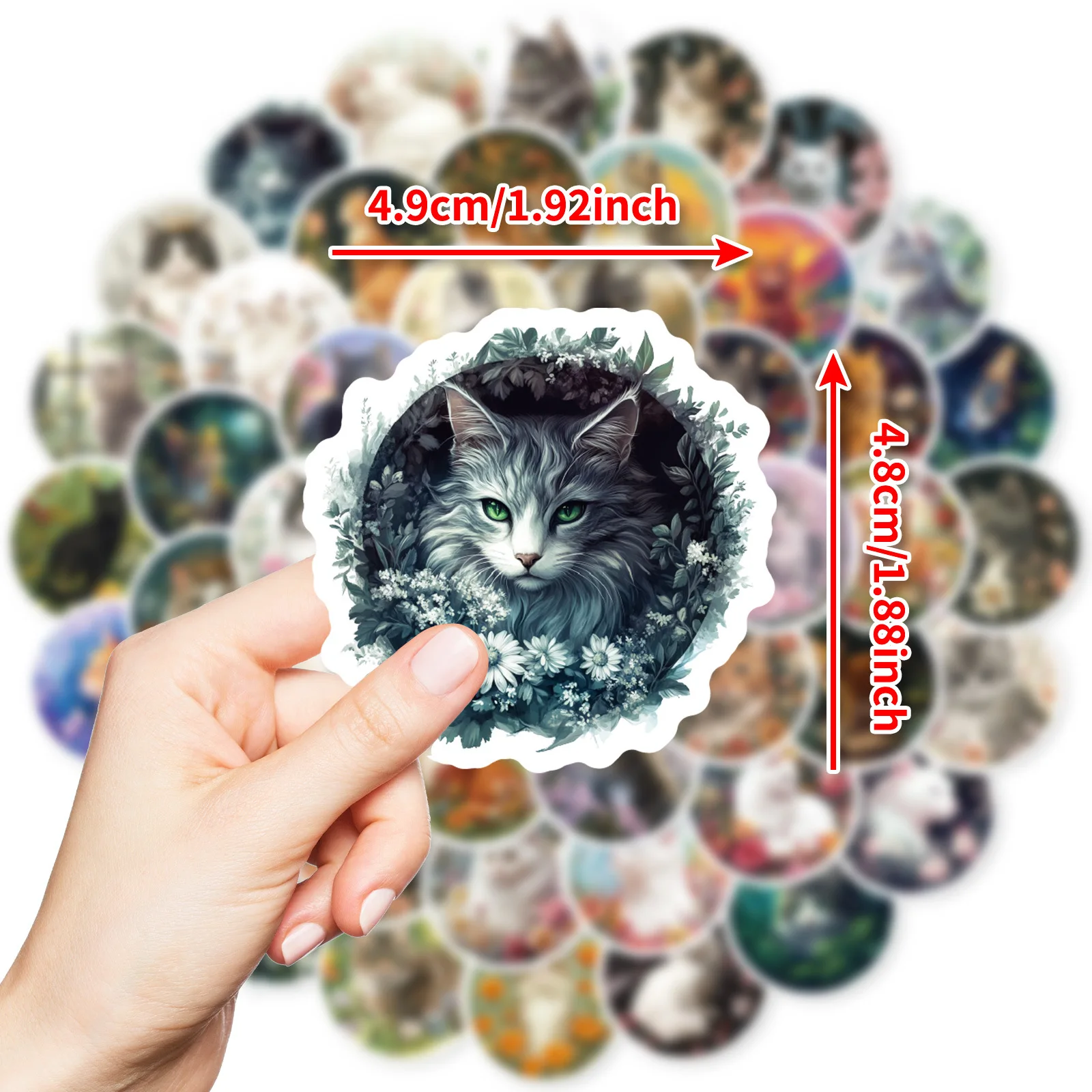 50PCS Retro Watercolor Cat Stickers Aesthetic Circular Graffiti Decals DIY Art Decor for Luggage Travel Laptop Stationery
