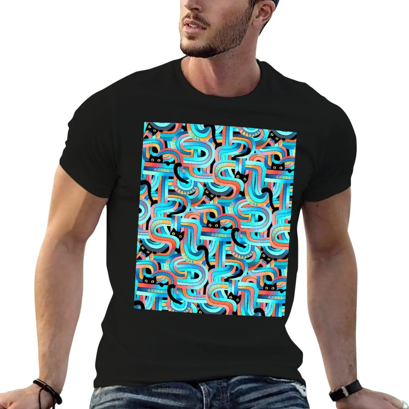 Geo Cats Maze in Tangerine and Turquoise T-Shirt oversizeds customizeds black t-shirts for men