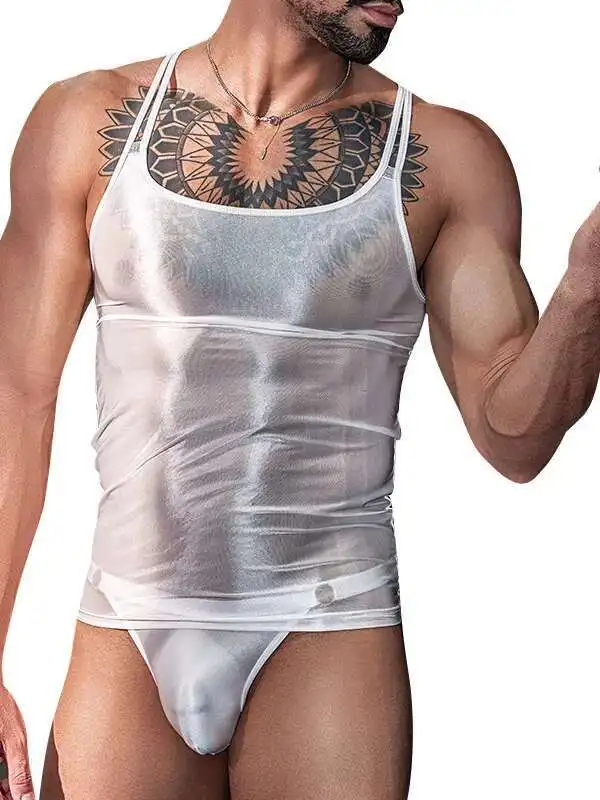 Sexy Visible Muscles Temptation Men's Sex Underwear Thin Transparent Hanging Neck Vent Suspenders Sleeveless Backless F2NN