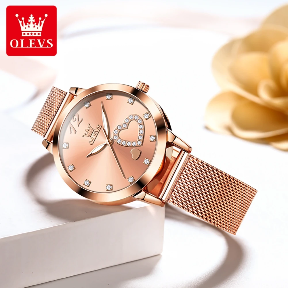 OLEVS 5189 Quartz Watch for Women Diamond Love Heart Design Fashion Elegant Rose Gold Mesh Steel Strap Waterproof Ladies Watches view 2