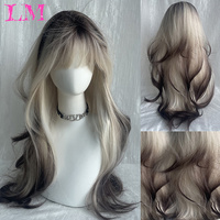 LM Platinum Blonde with White Highlight Dark Roots Synthetic Hair Wigs for Women Long Wavy Cosplay Wig Heat Resistant