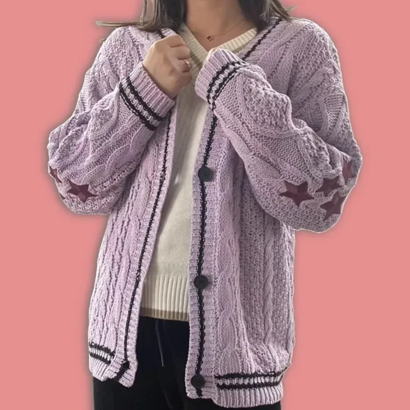 Y2k Frauen stricken rosa Liebhaber Strickjacke Herbst Langarm Baumwolle handgemachte Herz Stickerei warme Loose Fit Strickjacke Strick oberteile