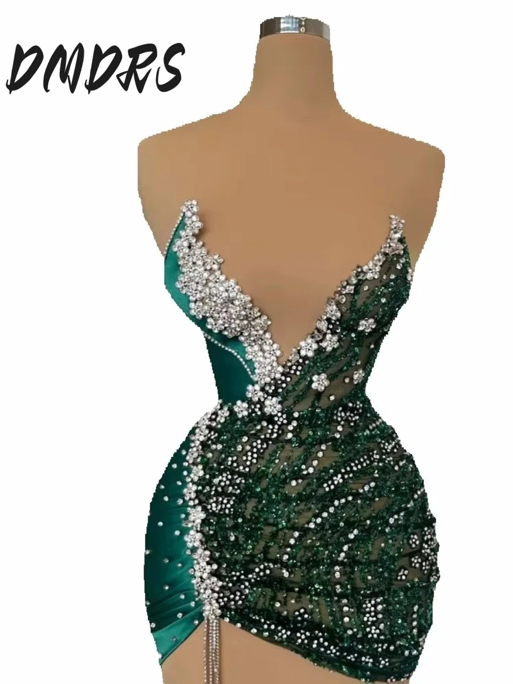 

Green Unique Crystals Cocktail Dress Short Sexy Deep V Neck Tassel Illusion Evening Gown Customized For Women Party Club Wear