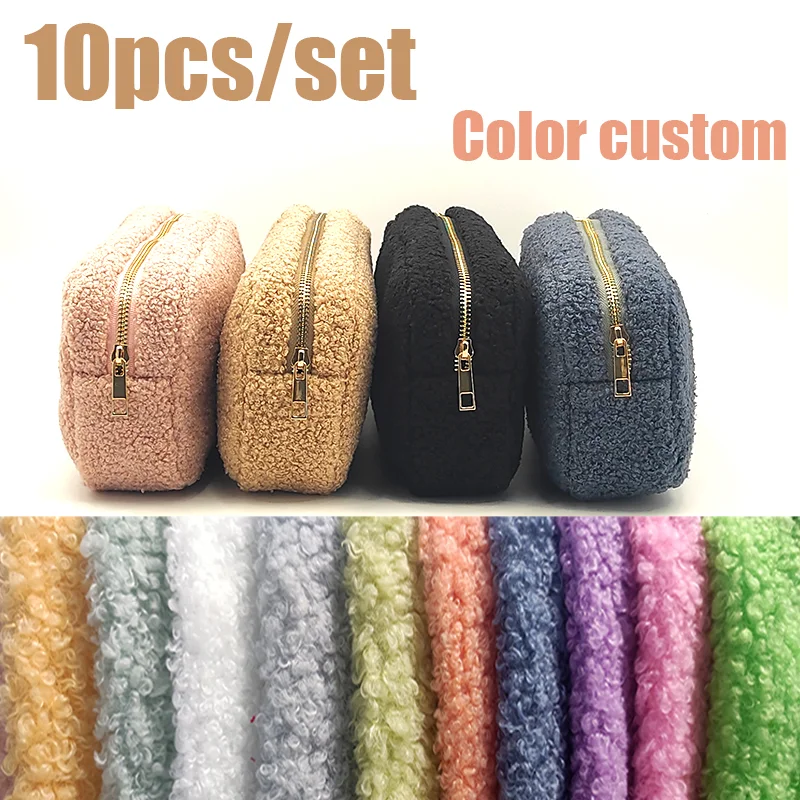 

10PCS Set Teddy Plush Zipper Bags Cosmetic Bag Custom Colors Makeup Bag Organizer Pouch for Women