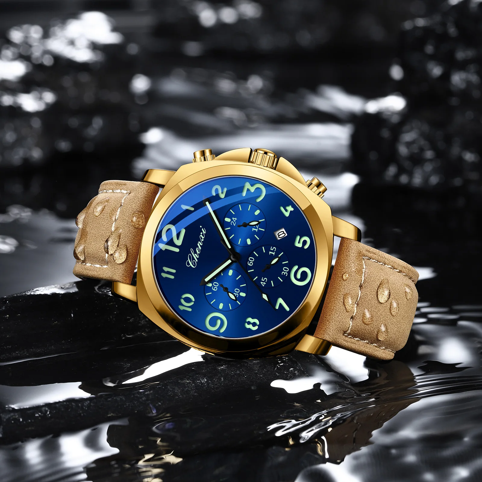 CHENXI ساعة رجالية متعددة الوظائف فاخرة ليلة ضوء الموقت ساعة اليد رجل حزام من الجلد 3Bar مقاوم للماء ساعات حركة الكوارتز #2