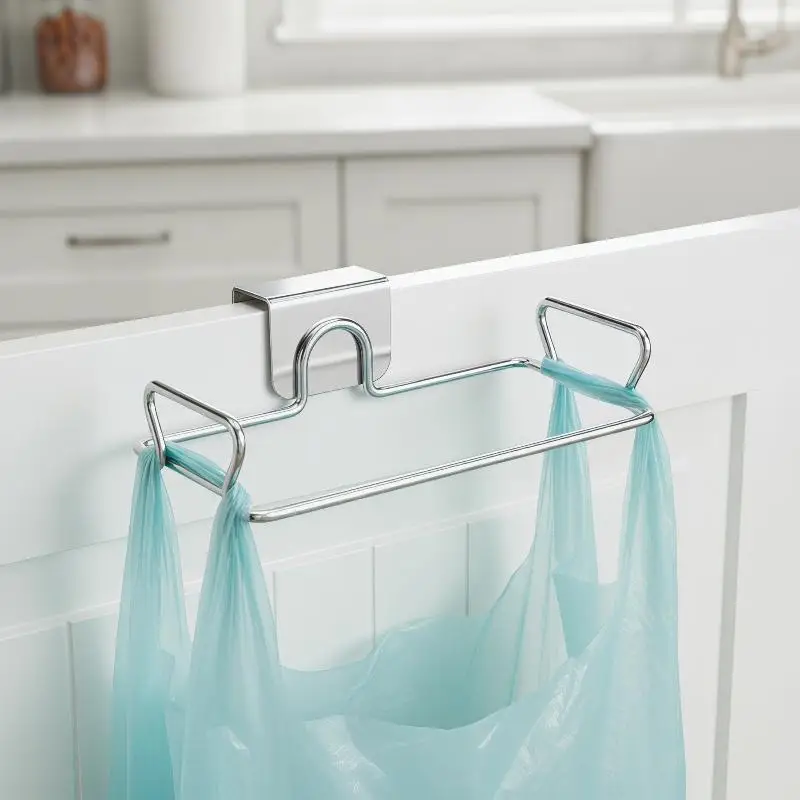 Kitchen Trash Rack Cabinet Door Garbage Bags Holder Stainless Steel Closet Garbage Storage Holder