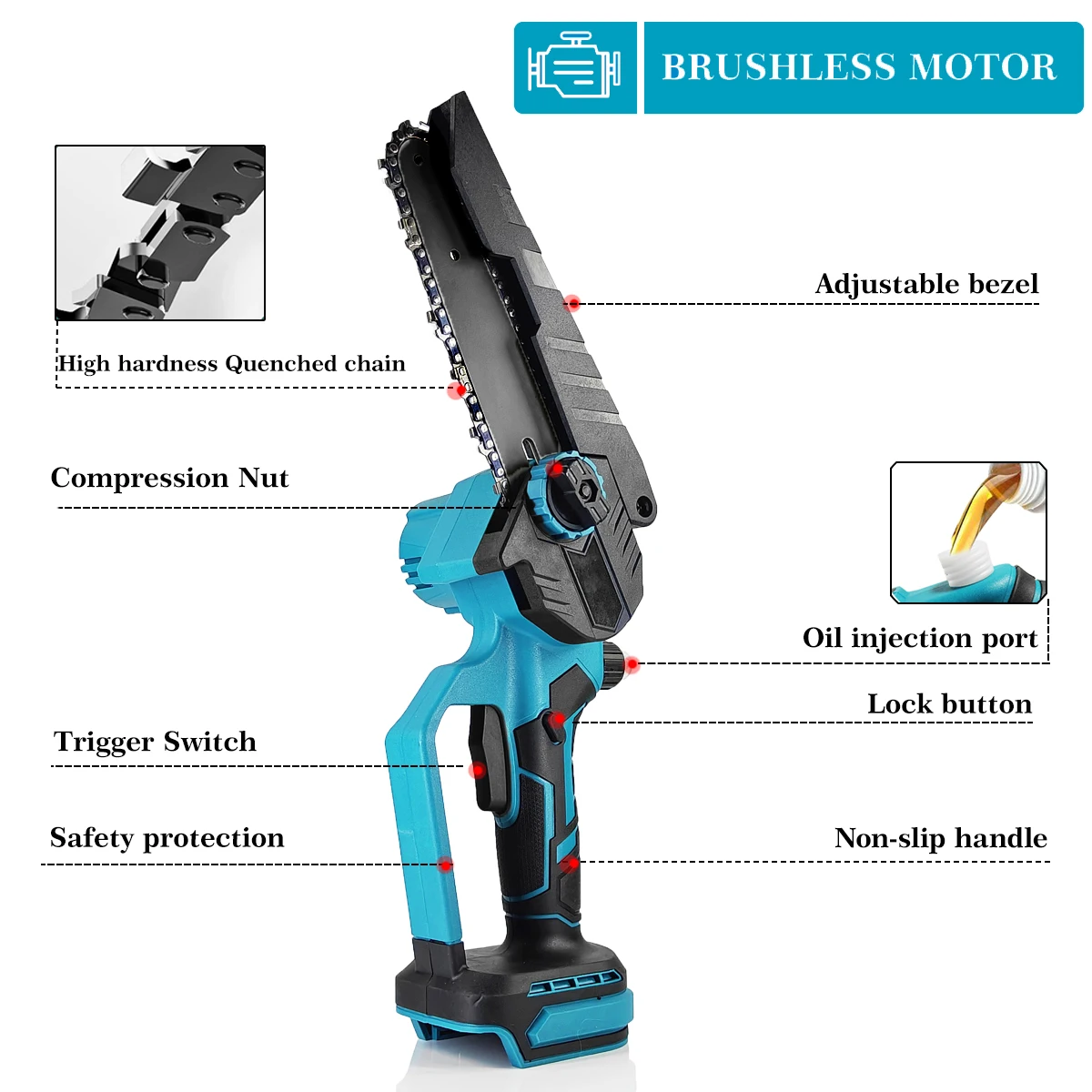 Brushless Chainsaw 6-Inch Powerful Cordless Rechargeable Handheld Small Electric Saw（No Battery）For Makita Battery