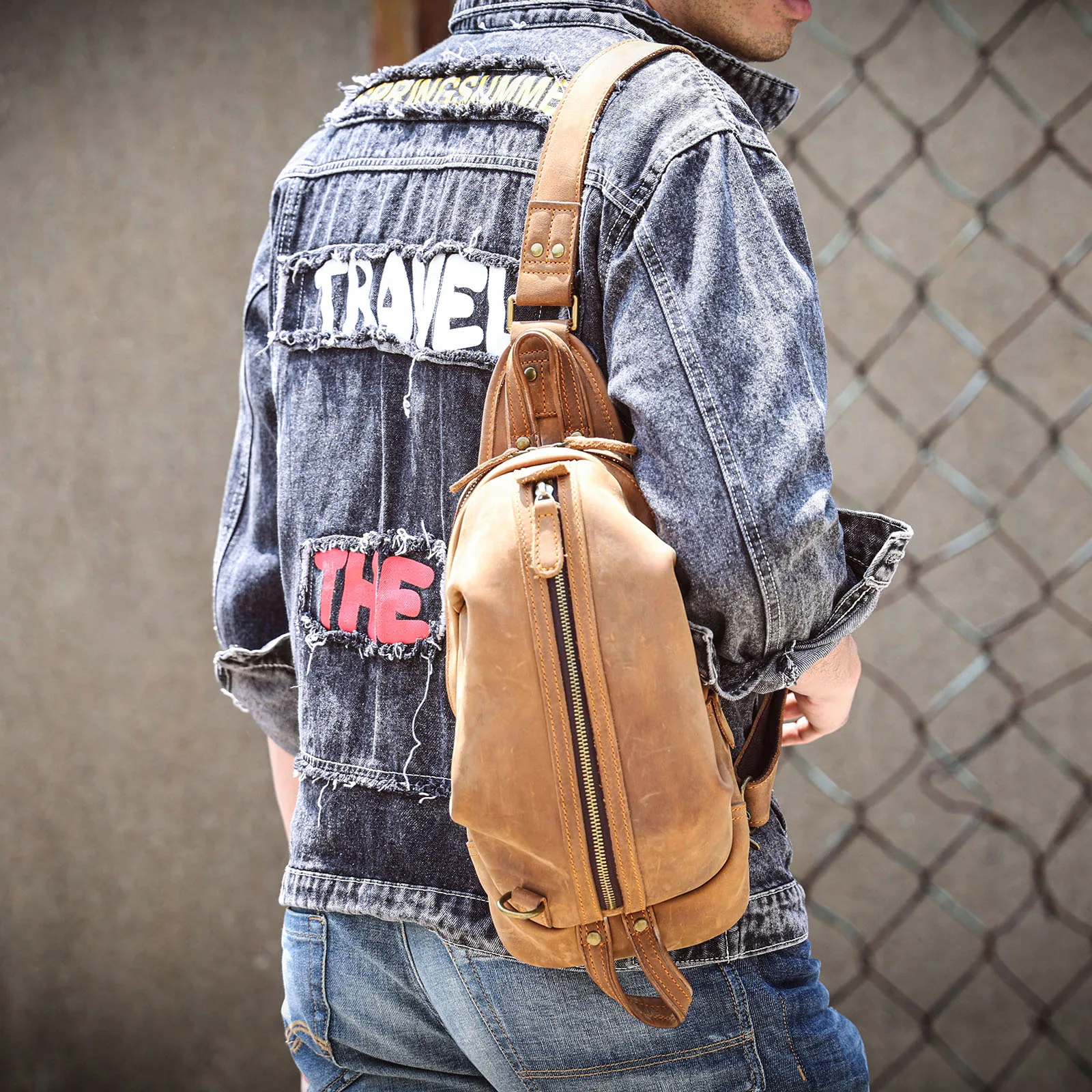 Vintage Echtleder-Umhängetasche für Herren, Vollnarbenleder, Crossbody-Brusttasche, große Kapazität – Detail 3