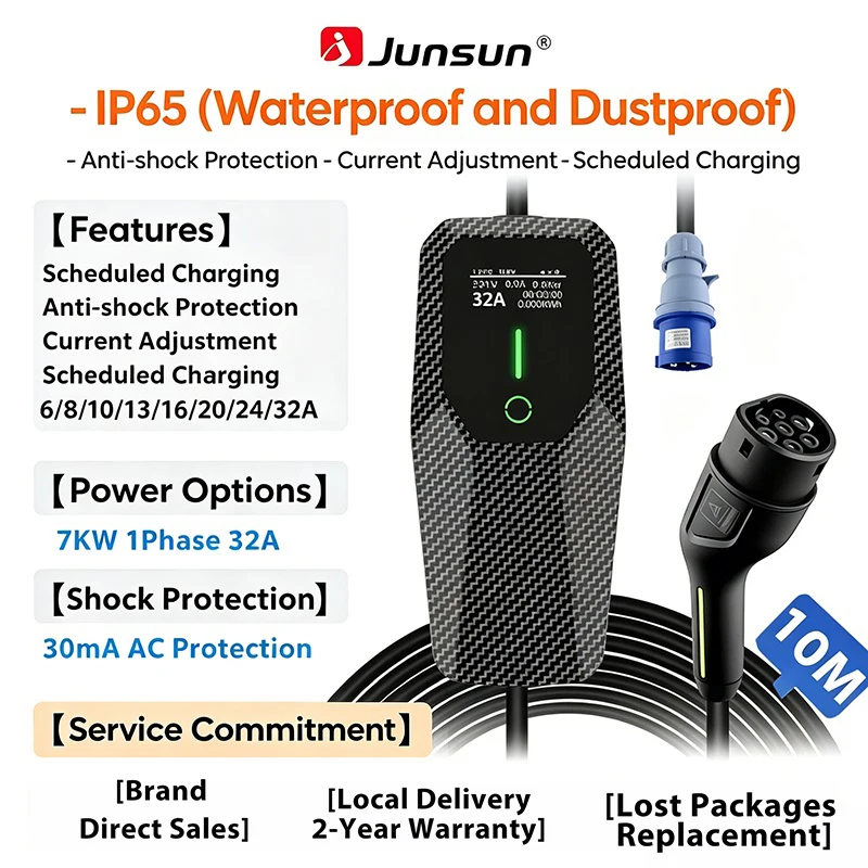 Junsun Type 2 Draagbare EV-lader 6A 8A 10A 13A 16A 20A 24A 32A Stroomregelbaar IP65 1 & 3 Fase Waterdicht 3 6KW 7KW 11KW 22KW Compatibel met geplande laadfunctie Touchscreen bedieningspaneel 2 jaar