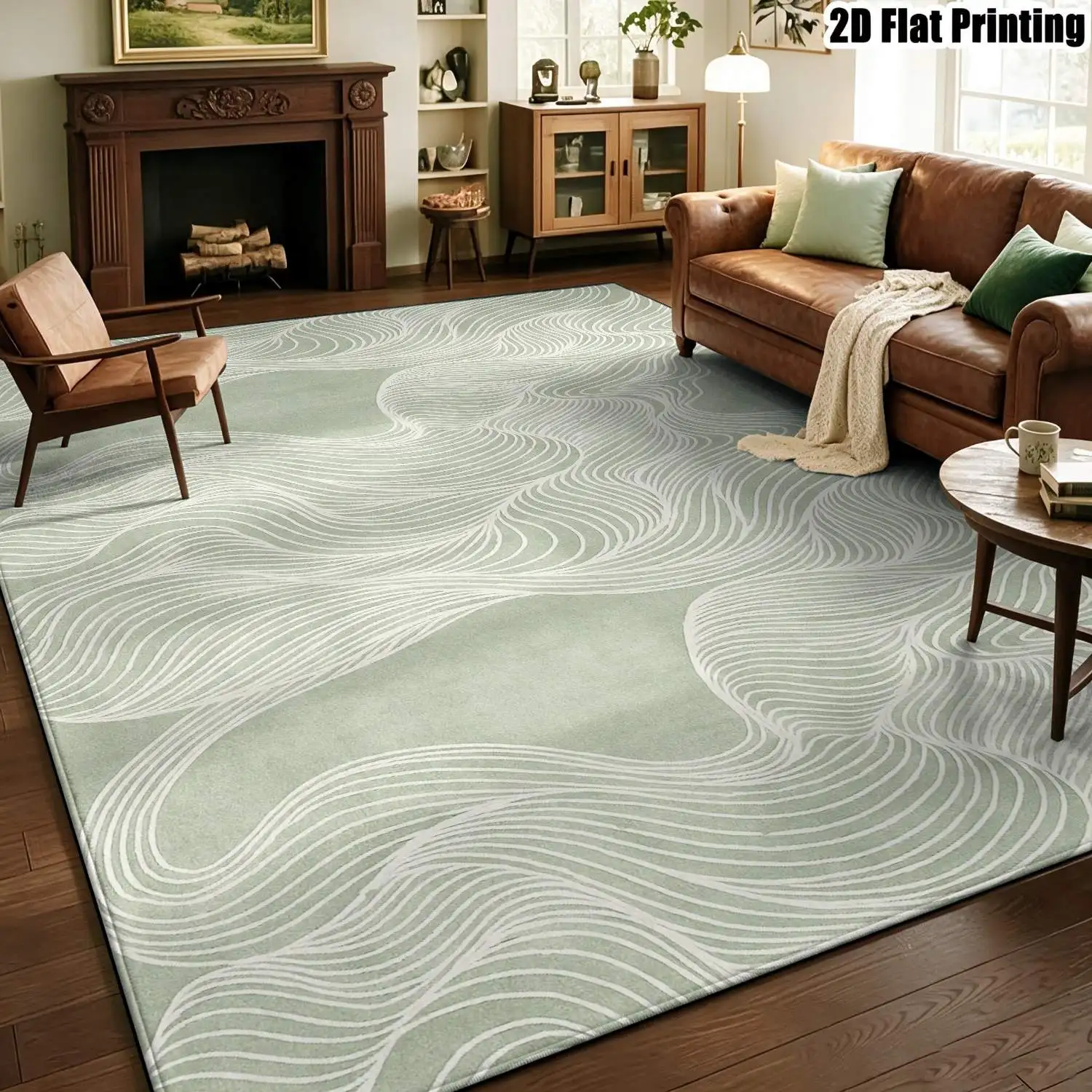 1Pc 2D Printed Carpet: Light Green Wave Line, Nordic/Instagram Style, Modern Minimalist Geometric Striped Floor Mat for Home Decor Multi-Size, Machine Washable, Suitable for Entryway, Dining Room, Foyer, Bedroom, Living Room.