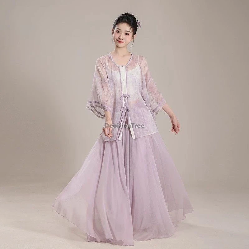 

2025improved chinese style ethnic dance classical dance costume hanfu set yarn half sleeve blouse long pleated skirt daily hanfu