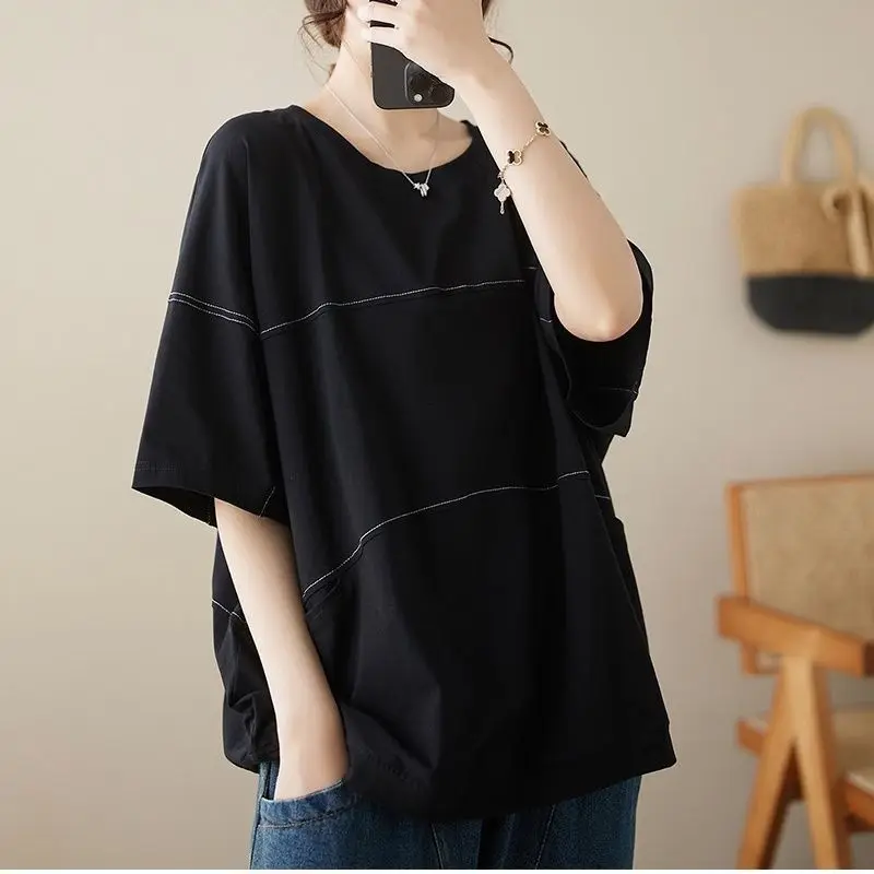 Women's Summer Solid Round Neck Pullover Pocket Patchwork Short Sleeve Loose T-shirt Casual Fashion Office Lady Vintage Tops