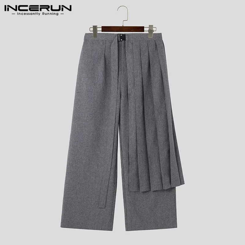 2023 Men Irregular Pants Solid Color Joggers Streetwear Pleated Male Straight Trousers Loose Casual Long Pants S-5XL INCERUN