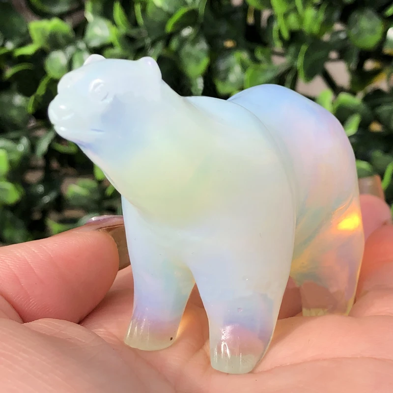 Beautiful Little Opalite Polar Bear Sculpture Decor Realistic Synthetic Quartz Crystal Carved Figurine Animal Collection Statue