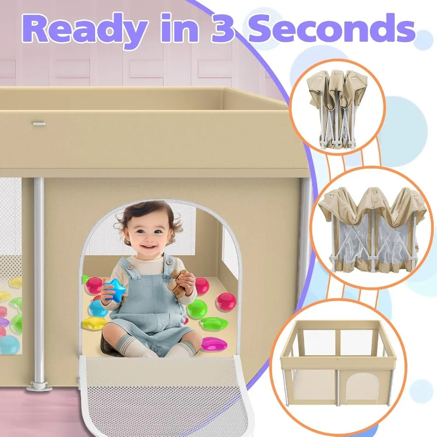 روضة أطفال قابلة للطي للأطفال الصغار مقاس 50 بوصة × 50 بوصة مع حقيبة حمل و50 كرة محيطية للأطفال في الأماكن المغلقة والخارجية