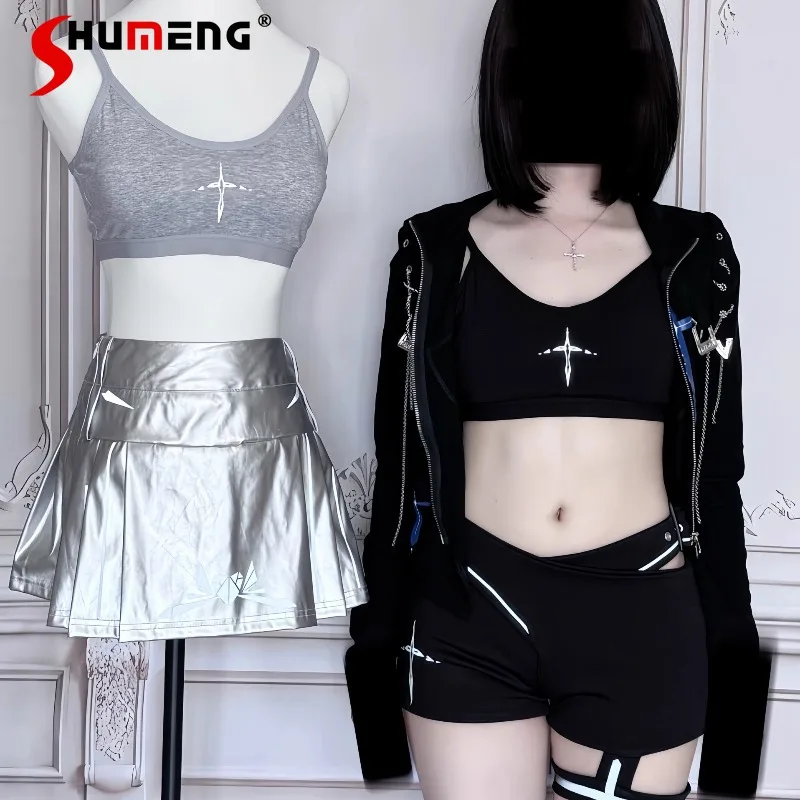 

Reflective Laser Printing Function Style Tooling Camisoles American Retro Girl Pure Cotton Slings With Chest Pad Vest Short Tees