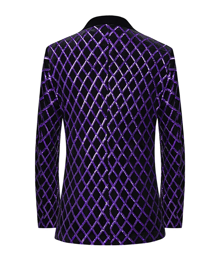 High quality men's sequin plaid stage singer performance host suit jacket slim purple tuxedos Celebrity Gowns Party Gowns