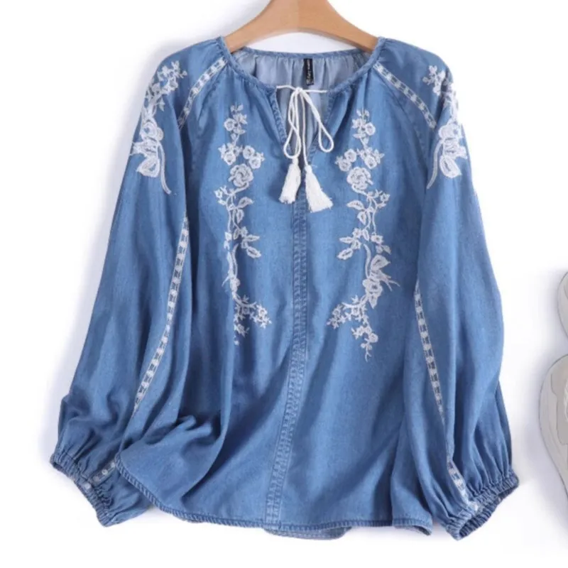 

Женская осенняя джинсовая рубашка в этническом стиле с рукавами-фонариками и тяжелой вышивкой, свободная повседневная одежда, мягкий легкий топ, повседневная одежда