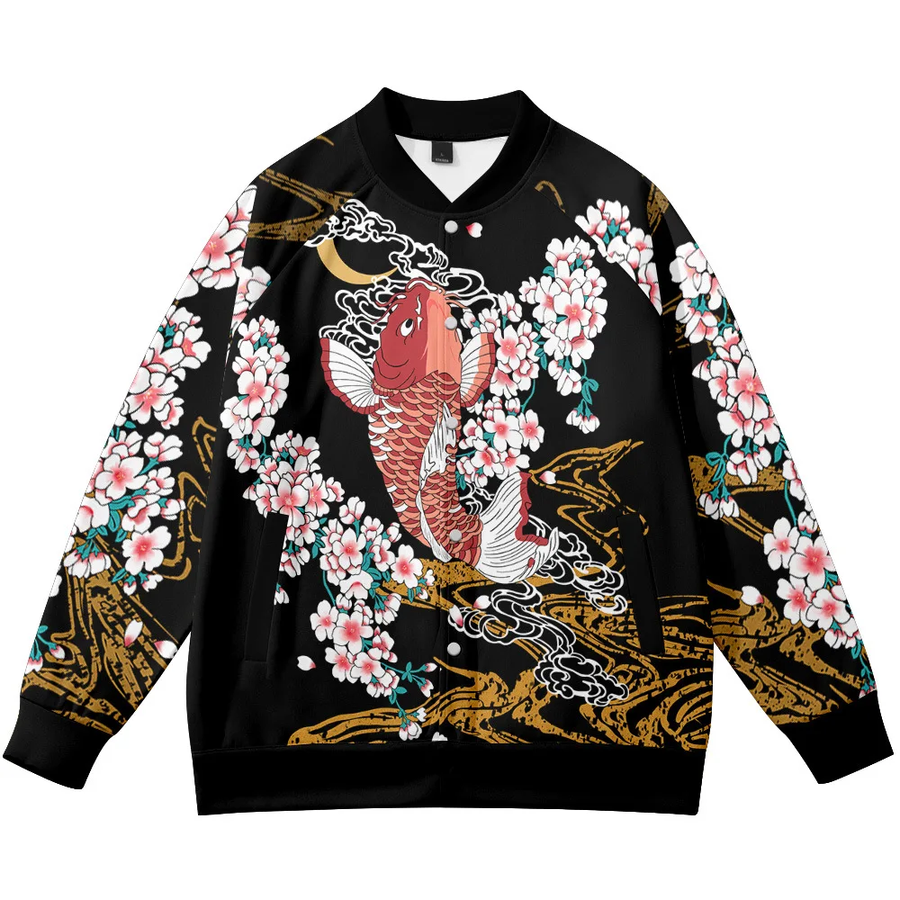 

Осенняя мужская модная бейсбольная куртка с принтом карпа, V-образным вырезом, длинными рукавами, ветрозащитная, свободного кроя, для молодежи