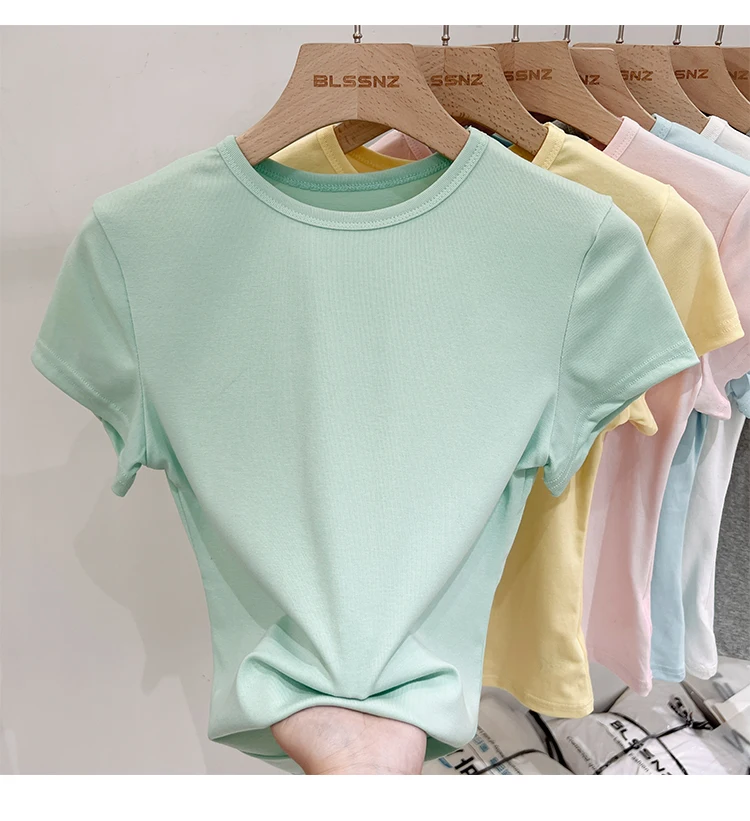 Zjaiss 2026 Sommer Neues Design Slim Fit Basic Top Trendiges Damen Baumwoll-Kurzarm-T-Shirt Einfarbig Vielseitiges O-Neck Tee – Detail 33
