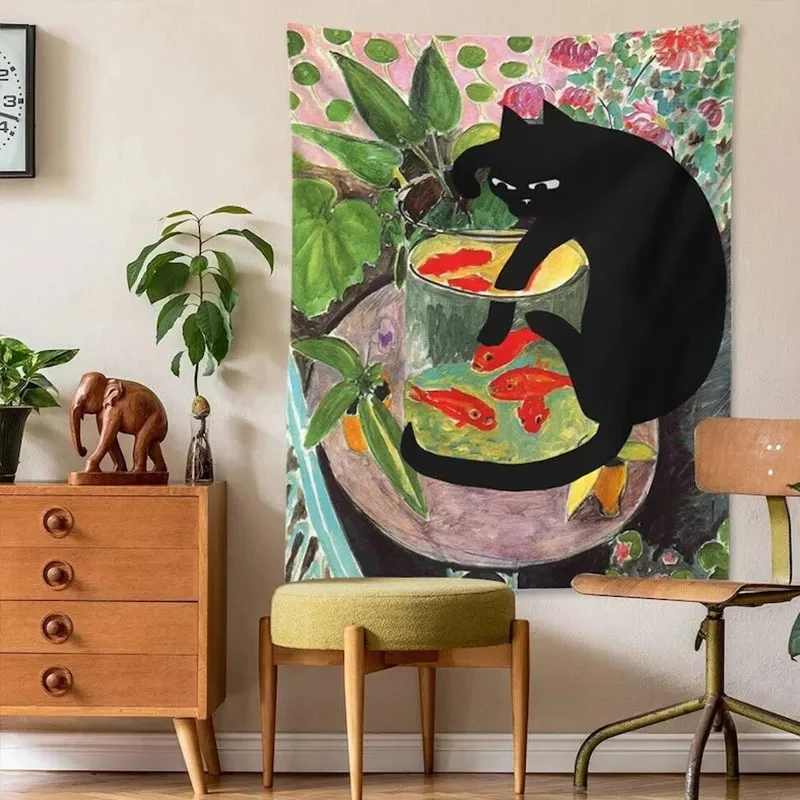 VIKAMA Black Cat Tapestry, Funny Cat Catching Goldfish in a Bowl Art Wall Hanging for Bedroom Living Room Home Decor