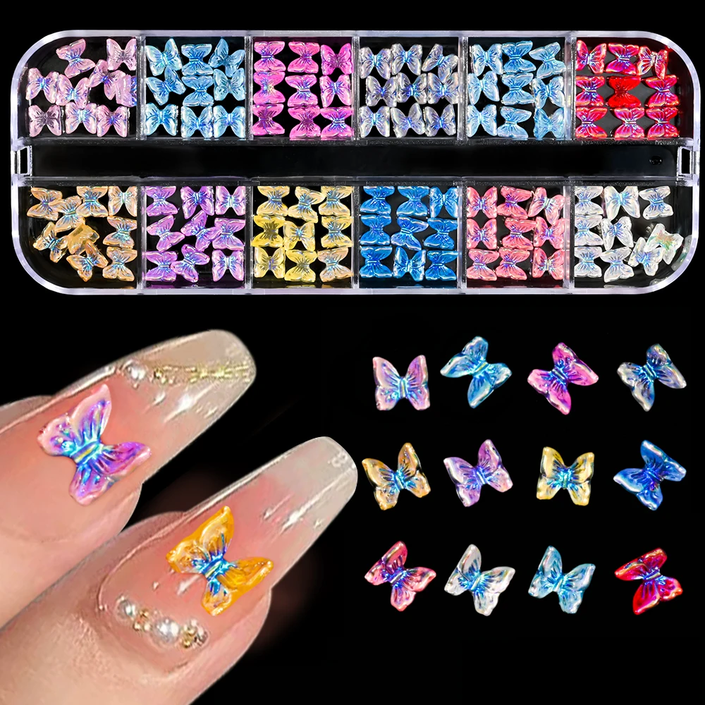 Borboleta Aurora Nail Art Acessórios, Resina Cristal, Strass, Nail Decoration, Glitter, DIY, Kawaii Nail Figuras, Design, 1 Pacote, 3D