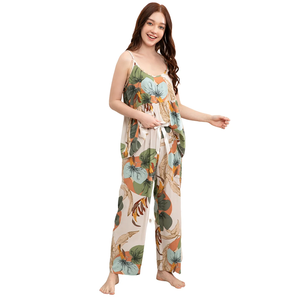 Women\'s Summer Pajamas Set 2 Pieces Viscose S-3XL Home Wear Pijama Loose Set Sleepwear Comfortable Female Cami Pants Nightwear