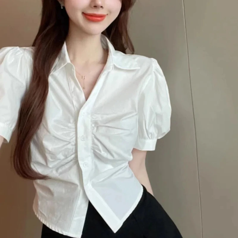 Summer Sweet Cute Puff Sleeve White Shirt New Sexy Pleatedy Slim Turn-down Collar Short Blouse Elegant Fashion Women Clothing