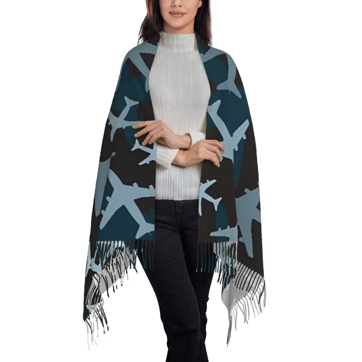 Random Airplanes Pattern Scarf Tassel Scarves for Women Soft Warm Shawls and Wraps Long Fall Winter Shawl Wrap