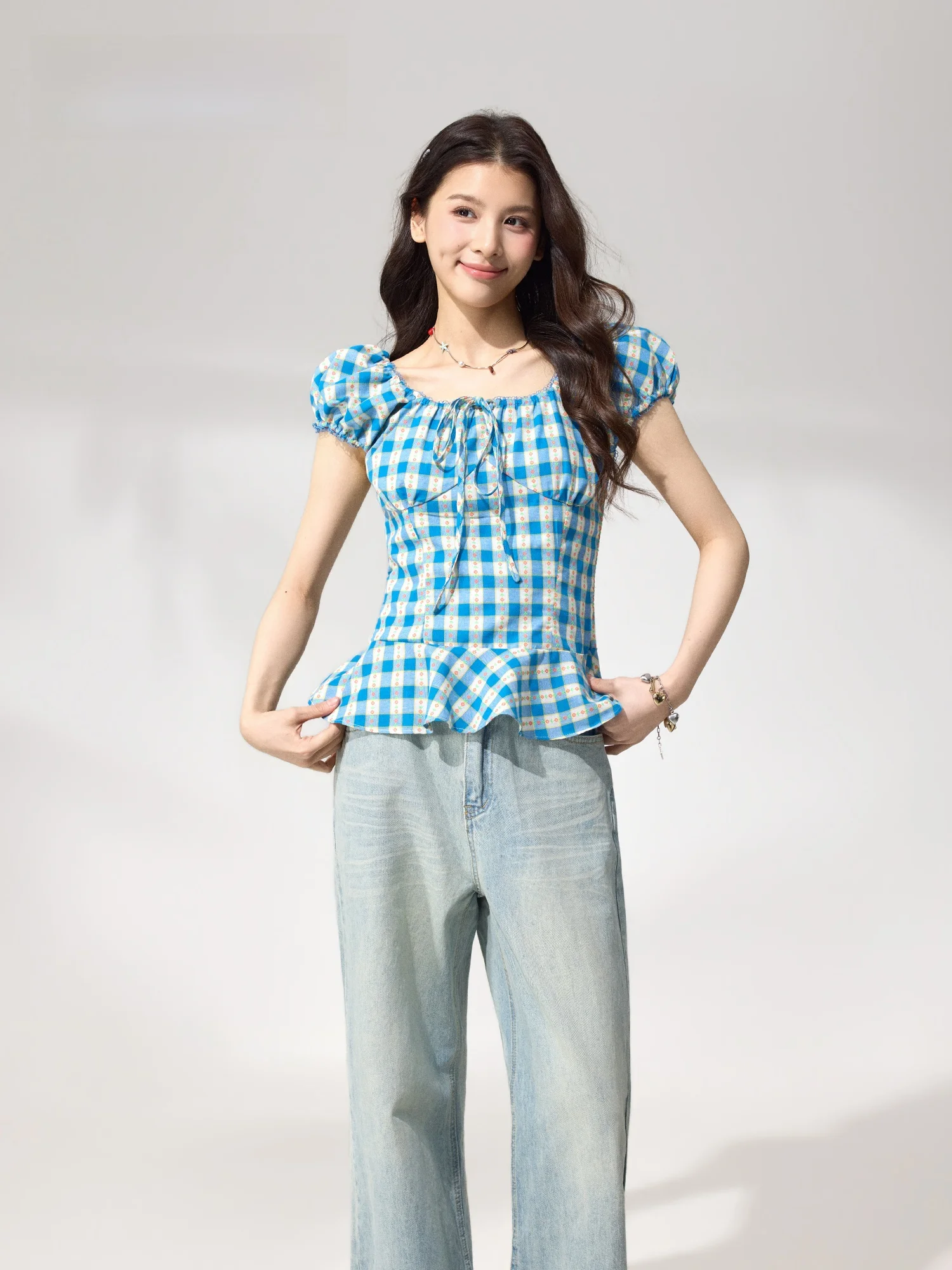 

Синяя клетчатая футболка с коротким рукавом для женщин, летняя, приталенная, в винтажном стиле, повседневная, из хлопка, дышащая, комфортная