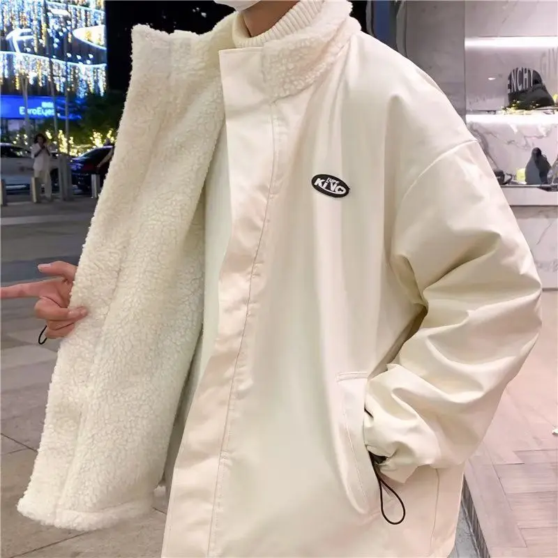 

Lamb Velvet Cotton Jaet Men's Winter Warm Stand Collar Loose Large Size Double Sided Wear Bread Sle Cotton Coat