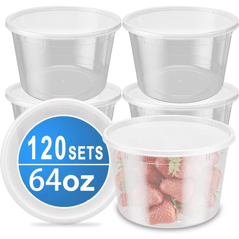 

120-Count 64oz Reusable Plastic Deli Food Storage Containers with Lids, Leak-Proof, Microwave and Freezer Safe