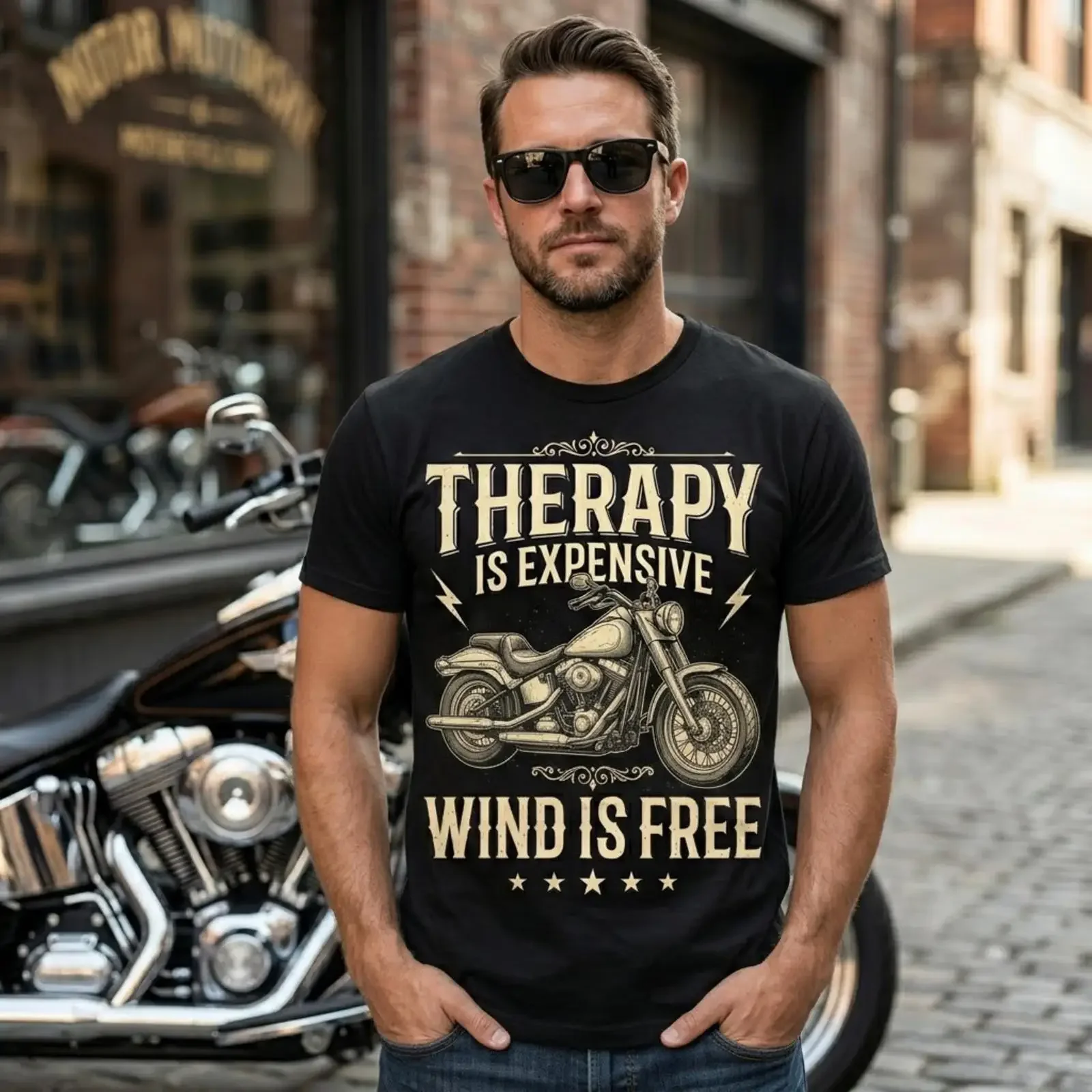 Therapy Is Expensive Wind Free Funny Motorcycle T Shirt Biker Humor for Riders and Bike Lovers vintage Washed designer clothes