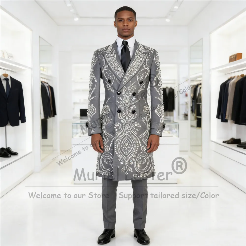 

Luxury Crystals Beaded Men Suits Long Double Breasted Groom Wedding Tuxedos 2 Pieces Sets Customized Costume Homme Prom Blazers