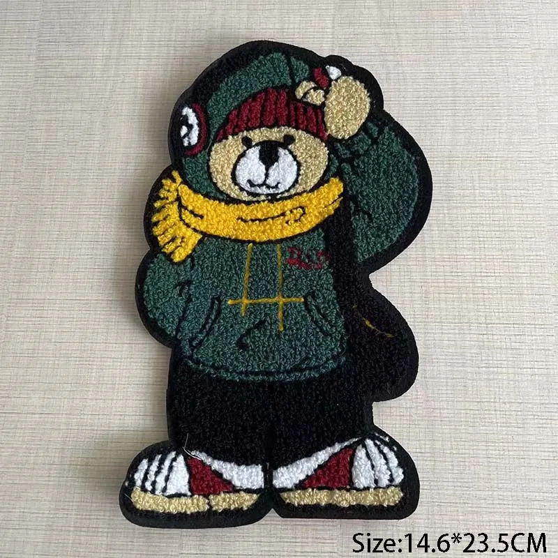 Cartoon Big Teddy Bear In Green Sewing Patch,Chenille Embroidery Applique Badges Sew On Patches DIY For Clothing Kids,Backpack