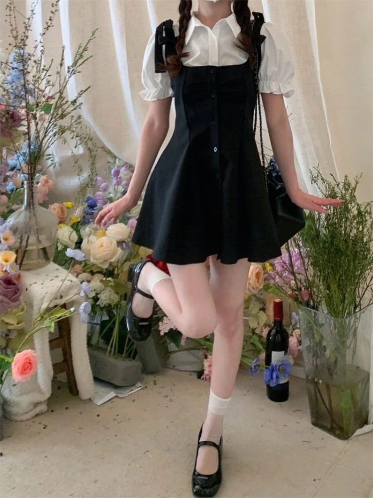 2024 Kawaii Preppy Style Suit Black Slip Dress White Blouse Spring Sweet Korean Fashion Femle Outfit Women Elegant Two Pieces