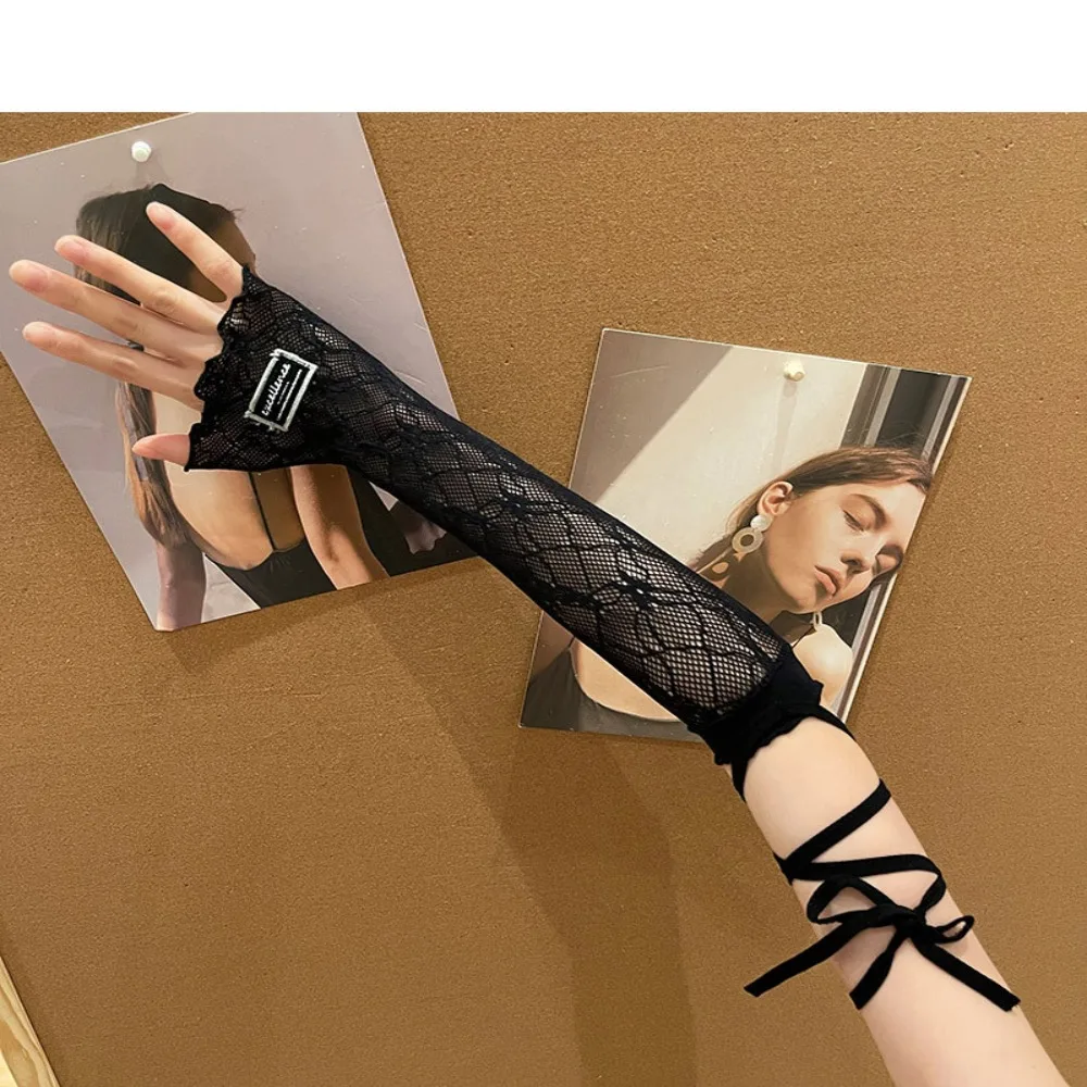 Streetwear Elastic Y2K Lace Arm Sleeves Ribbon Korean Style Ballet Style Arm Covers Sweet DIY Fingerless Gloves Girl Party