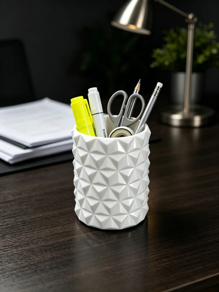 Modern Minimalist Geometric Pattern Pen Storage Container, Matte White Desktop Storage Basket, Diamond Texture Petg Sturdy Lightweight Pen Holder, Stable Base, Large Capacity Design, Easy to Clean, for Storing Pens, Pencils, Rulers, Scissors, Office Desk, Home Office Area, Study Desk, Desktop Decoration, Student Gifts, Makeup Table Storage Supplies