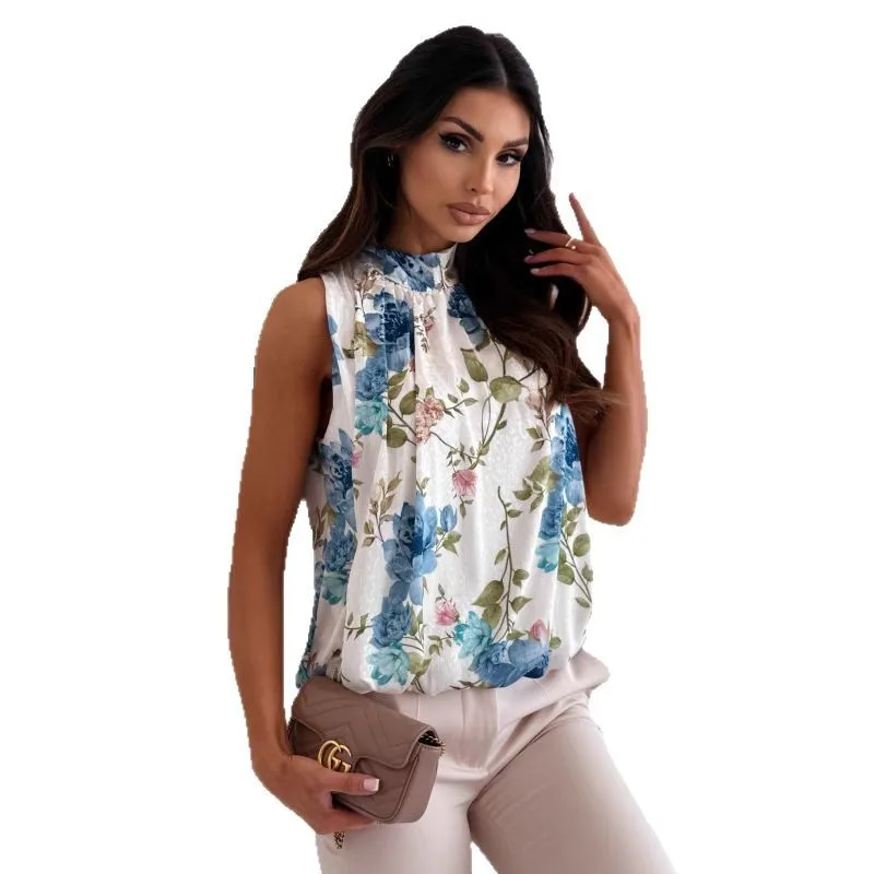 Fashionable Sleeveless Printed Belted Vest Top Women's Summer Clothing Cross-Border Style A-Line Short-Length Plant Floral Ci...